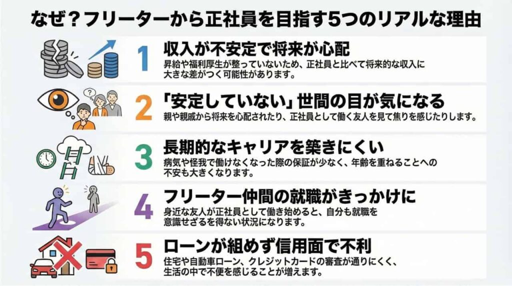 「フリーターから正社員への就職を考える理由」のインフォグラフィック