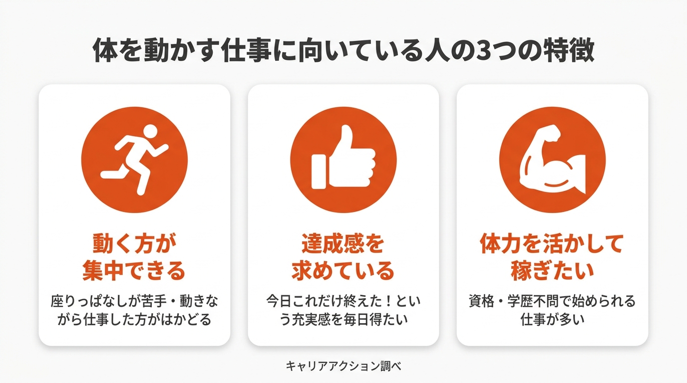 体を動かす仕事に向いている人の3つの特徴：動く方が集中できる・達成感を感じる・体力を活かしたい