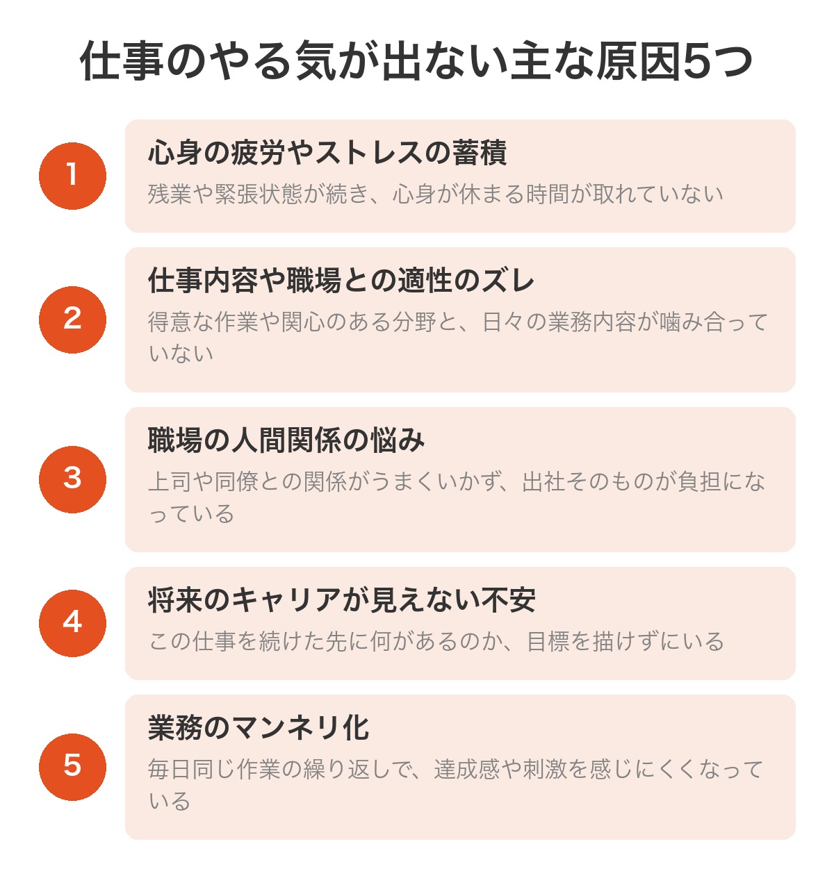仕事のやる気が出ない主な原因5つ：疲労・ストレス、適性のズレ、人間関係、将来不安、マンネリ化