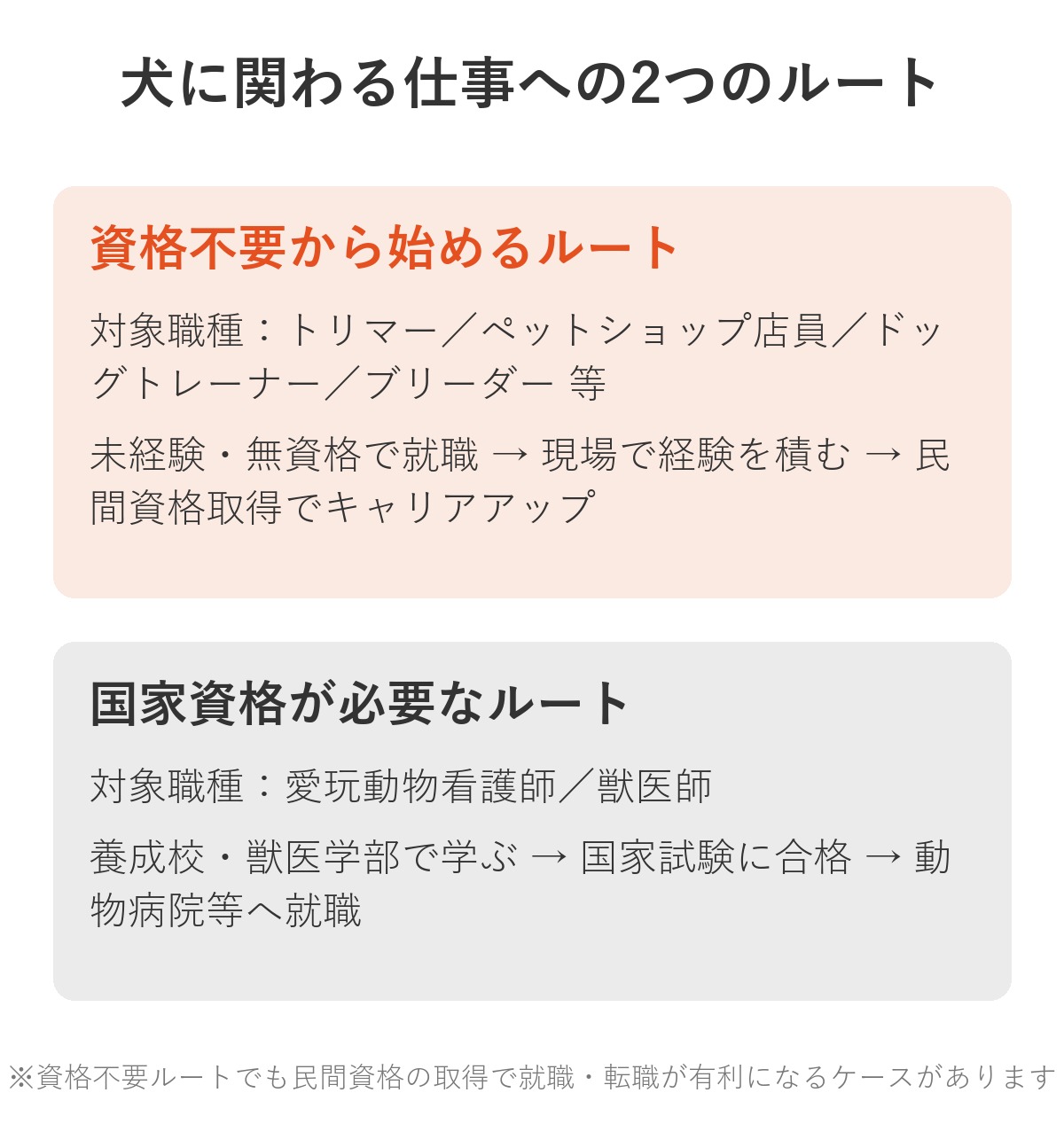 犬に関わる仕事への2つのルート:資格不要から始めるルート(トリマー・ペットショップ店員・ドッグトレーナー・ブリーダー等)と、国家資格が必要なルート(愛玩動物看護師・獣医師)