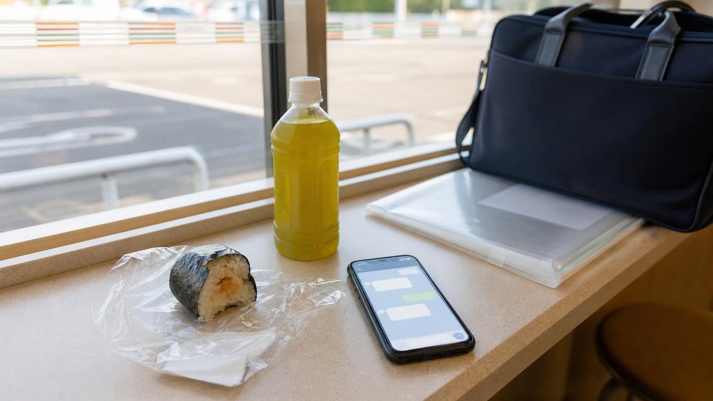 コンビニのイートインに置かれたおにぎりと通知が届いたスマートフォン